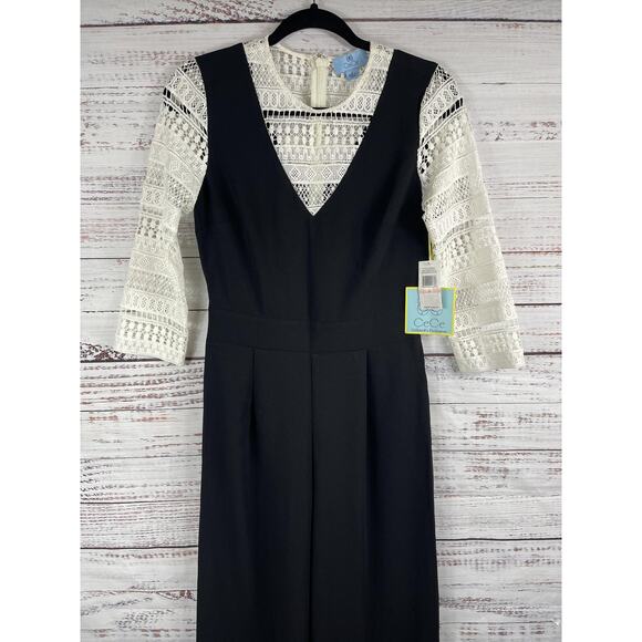 CeCe Jumpsuit Womens 2 Black White Lace Overlay Wide Leg Dillard’s Exclusive New - Picture 3 of 11
